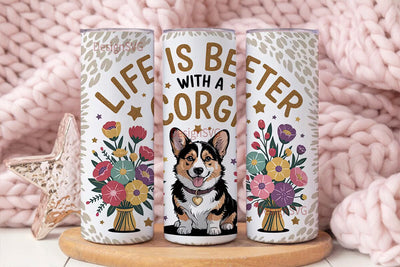 Corgi Floral Glitter 20oz Tumbler Wrap Sublimation DesignSVG 