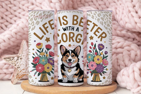 Corgi Floral Glitter 20oz Tumbler Wrap Sublimation DesignSVG 