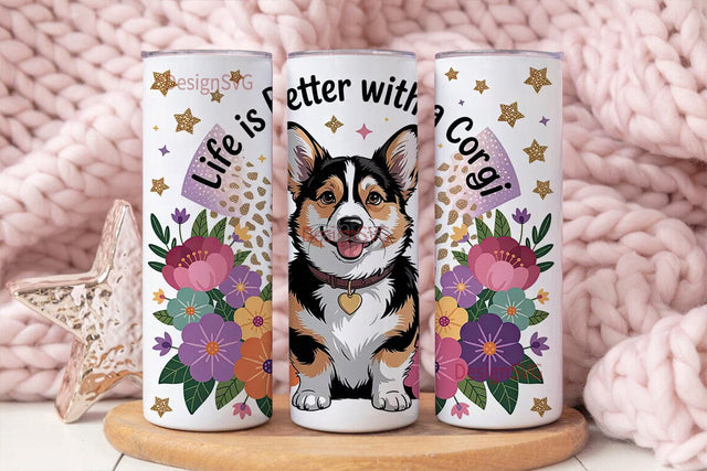 Corgi Floral Glitter 20oz Tumbler Wrap Sublimation DesignSVG 