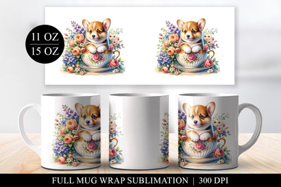 Corgi Puppy Floral Teacup Full Mug Wrap Sublimation Design Sublimation BijouBay 
