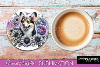 Corgi Round Coaster - Dog Mom Floral Coaster Sublimation Sublimation OrangeBrushStudio 