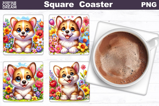 Corgi Square Coaster | Dog Flowers Square Coaster Sublimation WatercolorColorDream 