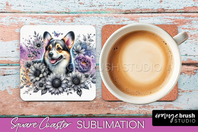 Corgi Square Coaster - Dog Mom Floral Coaster Sublimation Sublimation OrangeBrushStudio 