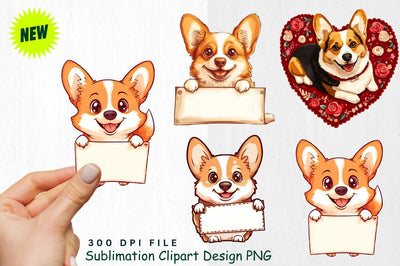 Corgi with Valentine’s Banner and Hearts Clipart Sublimation Regulrcrative 