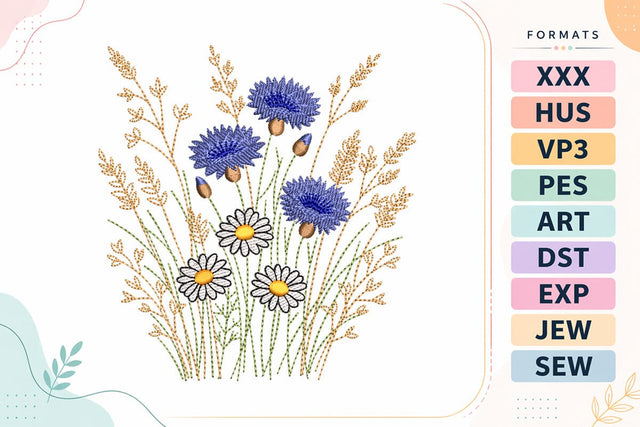 Cornflowers Daisies and Wheat Meadow Embroidery Design Embroidery/Applique DESIGNS sg embroidery 