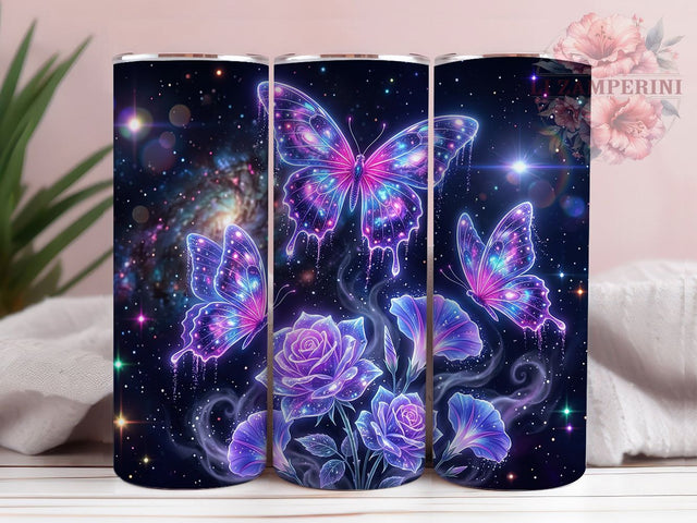 Cosmic Butterfly Floral 20oz Tumbler, Cosmic Butterfly, Floral Design, 20oz Wrap, Fantasy Art, Mystical Butterfly, Sublimation Tumbler, Galaxy Style Sublimation Li Zamperini 