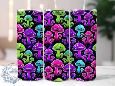 Cosmic Neon Mushrooms 20oz Tumbler, Cosmic Design, Neon Style, Mushroom Pattern, Fantasy Theme, Sublimation Wrap, 20oz Tumbler, Psychedelic Aesthetic Sublimation ToriDesigns 