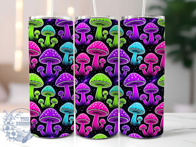 Cosmic Neon Mushrooms 20oz Tumbler, Cosmic Design, Neon Style, Mushroom Pattern, Fantasy Theme, Sublimation Wrap, 20oz Tumbler, Psychedelic Aesthetic Sublimation ToriDesigns 