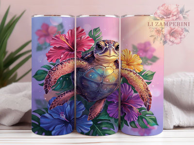 Cosmic Turtle Hibiscus 20oz Tumbler, Turtle Motif, Cosmic Theme, Hibiscus Flower, Tropical Style, Whimsical Charm, Skinny Tumbler, Sublimation PNG Sublimation Li Zamperini 