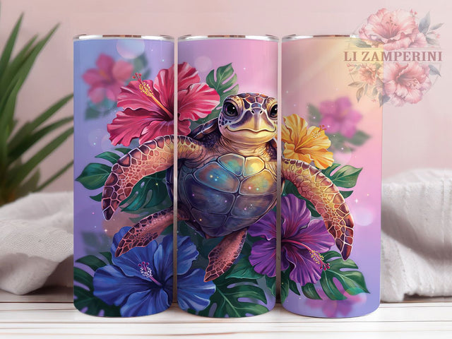 Cosmic Turtle Hibiscus 20oz Tumbler, Turtle Motif, Cosmic Theme, Hibiscus Flower, Tropical Style, Whimsical Charm, Skinny Tumbler, Sublimation PNG Sublimation Li Zamperini 