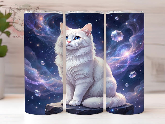 Cosmic White Cat 20oz Tumbler, Cosmic Cat, White Cat, Galaxy Theme, Whimsical Charm, Fantasy Motif, Skinny Tumbler, Sublimation PNG Sublimation Lara' s Designs 