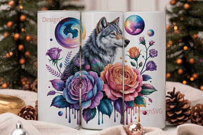 Cosmic Wolf & Roses 20oz Tumbler Wrap Sublimation DesignSVG 