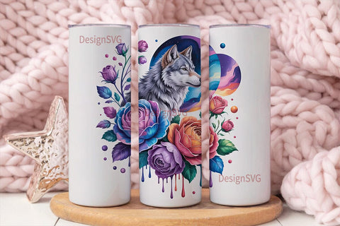 Cosmic Wolf & Roses 20oz Tumbler Wrap Sublimation DesignSVG 