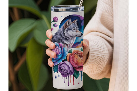 Cosmic Wolf & Roses 20oz Tumbler Wrap Sublimation DesignSVG 