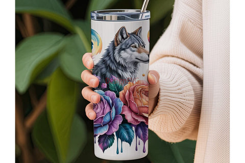 Cosmic Wolf & Roses 20oz Tumbler Wrap Sublimation DesignSVG 