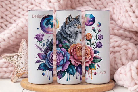 Cosmic Wolf & Roses 20oz Tumbler Wrap Sublimation DesignSVG 