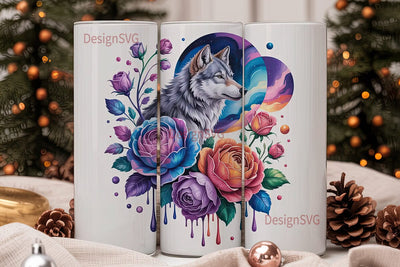 Cosmic Wolf & Roses 20oz Tumbler Wrap Sublimation DesignSVG 