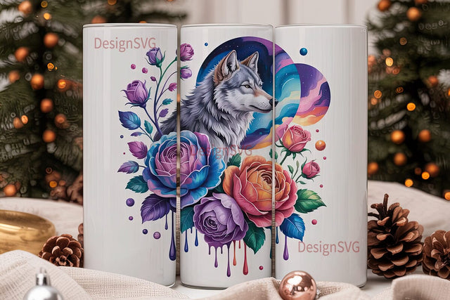 Cosmic Wolf & Roses 20oz Tumbler Wrap Sublimation DesignSVG 