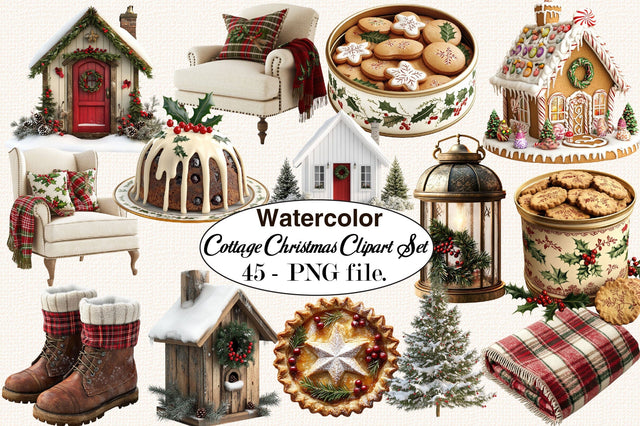Cottage Christmas Clipart Set PNG Bundle. Sublimation SVGArt 