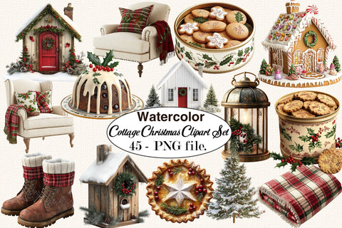 Cottage Christmas Clipart Set PNG Bundle. Sublimation SVGArt 