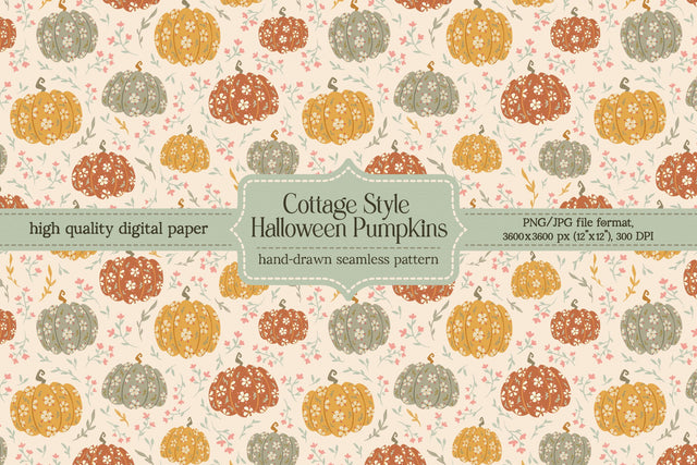 Cottage Style Halloween Pumpkins - Seamless Pattern Digital Pattern Alice Z. 