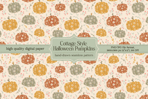 Cottage Style Halloween Pumpkins - Seamless Pattern Digital Pattern Alice Z. 