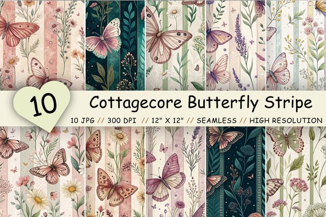 Cottagecore Butterfly Stripe Paper, Seamless Watercolor Pattern Bundle, Printable Scrapbook Paper, Wildflower Botanical Design Collection Digital Pattern FloridPrintables 
