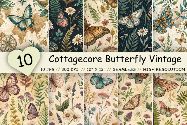 Cottagecore Butterfly Vintage Paper, Seamless Watercolor Pattern Bundle, Printable Scrapbook Paper, Antique Botanical Design Collection Digital Pattern FloridPrintables 