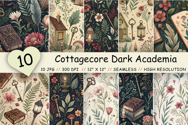 Cottagecore Dark Academia Digital Paper, Seamless Watercolor Pattern Bundle, Printable Scrapbook Paper, Moody Botanical Design Collection Digital Pattern FloridPrintables 