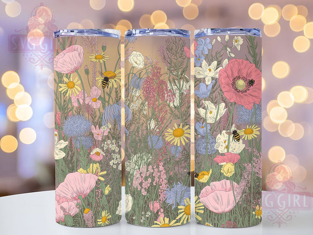 Cottagecore Floral Bee 20oz Tumbler, Floral Bee Cup Design, Wildflower Sublimation Wrap, Botanical Pattern Tumbler, 20Oz Tumbler Design, Rustic Cottage Cup, Nature Inspired Tumbler Sublimation SvggirlplusArt 