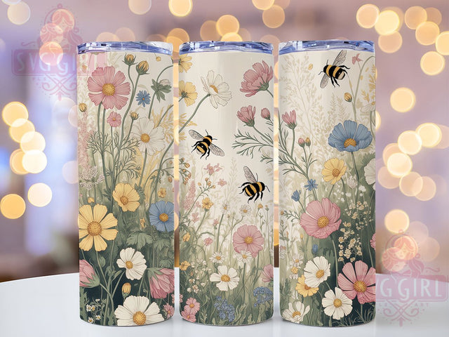 Cottagecore Floral Bee 20oz Tumbler, Floral Bee Cup Design, Wildflower Sublimation Wrap, Botanical Pattern Tumbler, 20Oz Tumbler Design, Rustic Cottage Cup, Nature Inspired Tumbler Sublimation SvggirlplusArt 