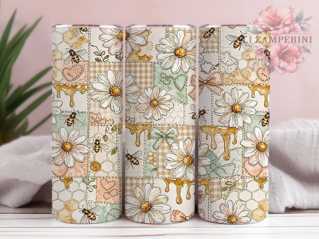 Cottagecore Honeybee Quilt 20oz Tumbler, Honeybee Motif, Quilt Accent, Cottagecore Theme, Rustic Art Design, Cozy Flair, Sublimation Wrap, 20oz Tumbler Sublimation Li Zamperini 