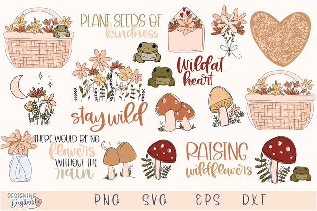 Cottagecore mushroom SVG Bundle, Wildflower SVG file for Cricut, Cute Frog PNG Sticker, Botanical Heart Tshirt Sublimation SVG Designing Digitals 