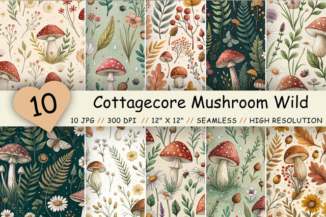 Cottagecore Mushroom Wildflower Paper, Seamless Watercolor Digital Paper Pack, Earthy Tones Botanical Pattern, Printable Scrapbook Paper Digital Pattern FloridPrintables 