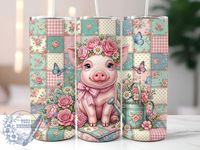Cottagecore Piglet Quilt 20oz Tumbler, Piglet Motif, Cottagecore Theme, Quilt Art Design, Cozy Accent, Whimsical Charm, Sublimation Wrap, 20oz Tumbler Sublimation ToriDesigns 