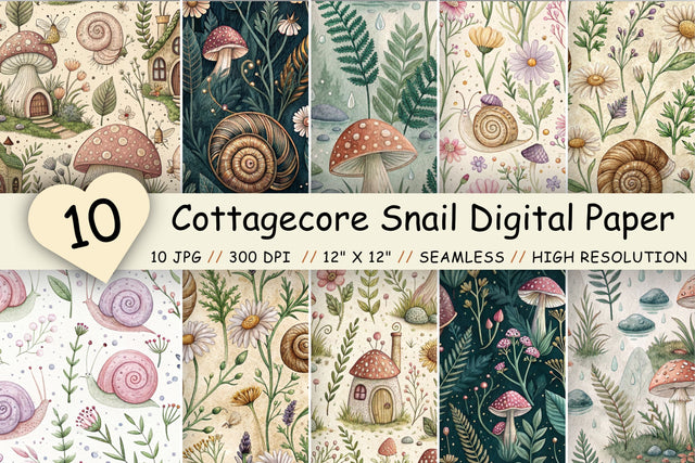 Cottagecore Snail Digital Paper Pack, Seamless Watercolor Pattern Bundle, Printable Scrapbook Paper, Whimsical Garden Design Collection Digital Pattern FloridPrintables 