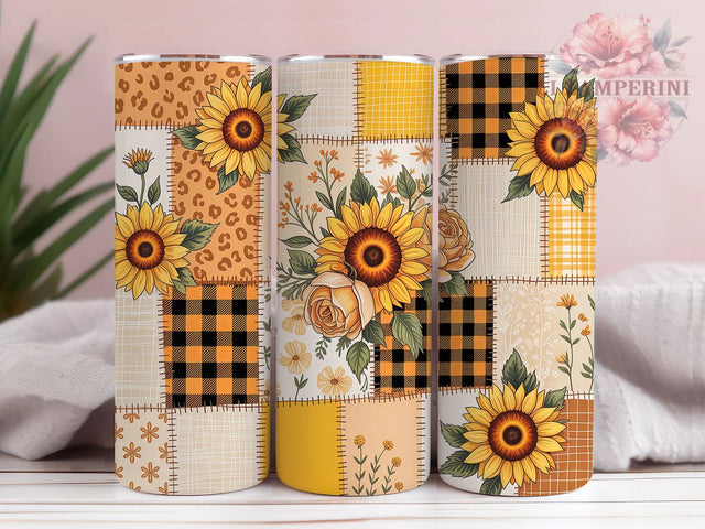 Cottagecore Sunflower Patchwork 20oz Tumbler, Patchwork Pattern, Golden Yellow Sunflowers, Brown Centers, Orange Roses, 20oz Tumbler Wrap, Sublimation PNG Sublimation Li Zamperini 