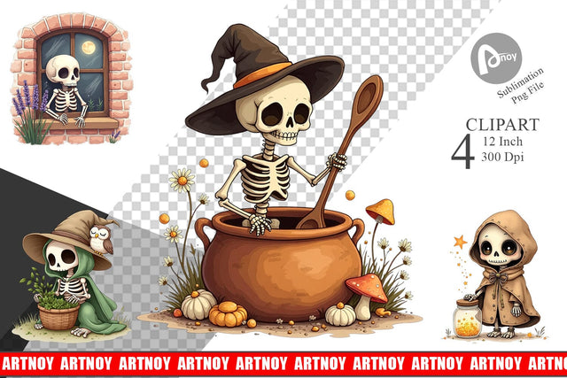 Cottagecore Witch Skeleton Clipart Sublimation artnoy 