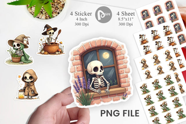 Cottagecore Witch Skeleton Sticker Sublimation artnoy 