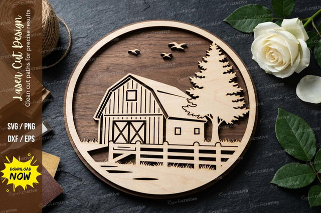Country Barn Landscape Laser Cut Wooden Mandala – Farmhouse SVG Design SVG Regulrcrative 
