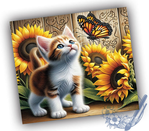 Country Cat Sunflowers 20oz Skinny Tumbler PNG, Cat Butterfly Tumbler Sublimation Wrap, Straight & Tapered Tumbler Wrap, Instant Digital Download Sublimation ToriDesigns 