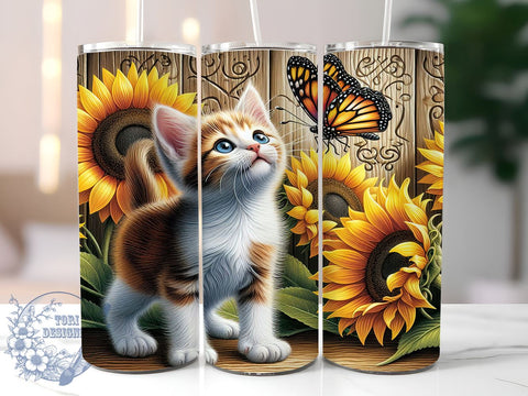 Country Cat Sunflowers 20oz Skinny Tumbler PNG, Cat Butterfly Tumbler Sublimation Wrap, Straight & Tapered Tumbler Wrap, Instant Digital Download Sublimation ToriDesigns 