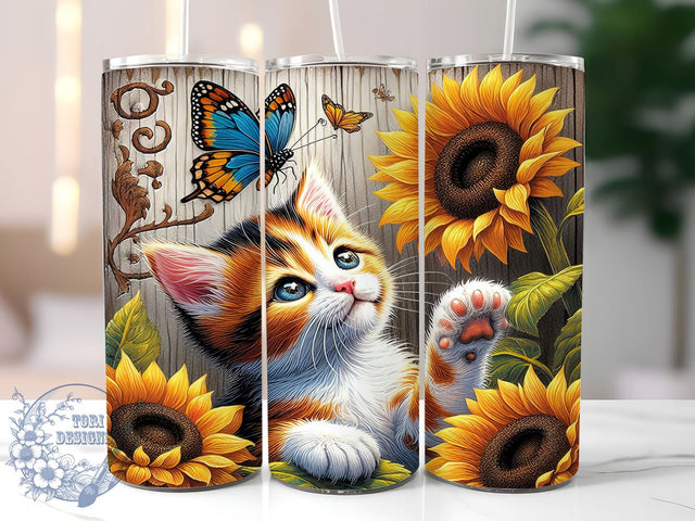 Country Cat Sunflowers 20oz Skinny Tumbler PNG, Cat Butterfly Tumbler Sublimation Wrap, Straight & Tapered Tumbler Wrap, Instant Digital Download Sublimation ToriDesigns 
