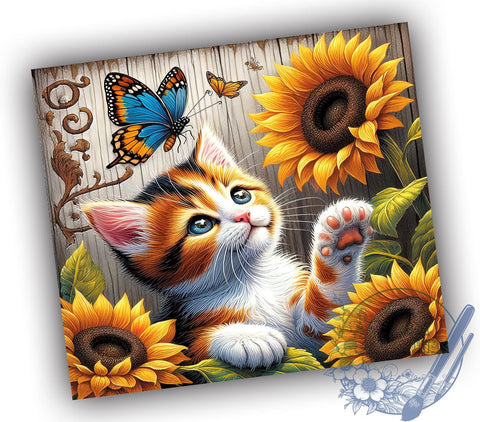 Country Cat Sunflowers 20oz Skinny Tumbler PNG, Cat Butterfly Tumbler Sublimation Wrap, Straight & Tapered Tumbler Wrap, Instant Digital Download Sublimation ToriDesigns 