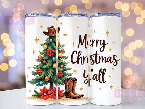 Country Christmas Tumbler, Merry Christmas Y'all Decor, Christmas Tree Drinkware, Rustic Holiday Gift, Western Style Sublimation, Festive Cowgirl Design, Southern Christmas Decor Sublimation SvggirlplusArt 