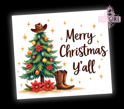 Country Christmas Tumbler, Merry Christmas Y'all Decor, Christmas Tree Drinkware, Rustic Holiday Gift, Western Style Sublimation, Festive Cowgirl Design, Southern Christmas Decor Sublimation SvggirlplusArt 