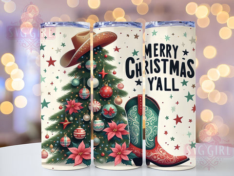 Country Christmas Tumbler, Merry Christmas Y'all Decor, Christmas Tree Drinkware, Rustic Holiday Gift, Western Style Sublimation, Festive Cowgirl Design, Southern Christmas Decor Sublimation SvggirlplusArt 