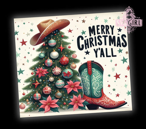 Country Christmas Tumbler, Merry Christmas Y'all Decor, Christmas Tree Drinkware, Rustic Holiday Gift, Western Style Sublimation, Festive Cowgirl Design, Southern Christmas Decor Sublimation SvggirlplusArt 