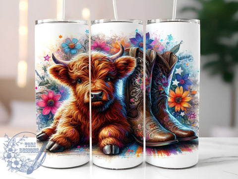 Country Highland Cow 20oz Skinny Tumbler PNG, Highland Cow Tumbler Sublimation Wrap, Straight & Tapered Tumbler Wrap, Instant Digital Download Sublimation ToriDesigns 