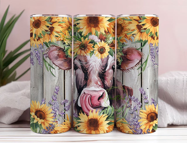 Cow 20 oz Tumbler Design, Farm Tumbler Sublimation Design, Skinny, Straight Tumbler PNG, Funny Cow Tumbler PNG, Cow and Sunflowers PNG Sublimation PixelChick 
